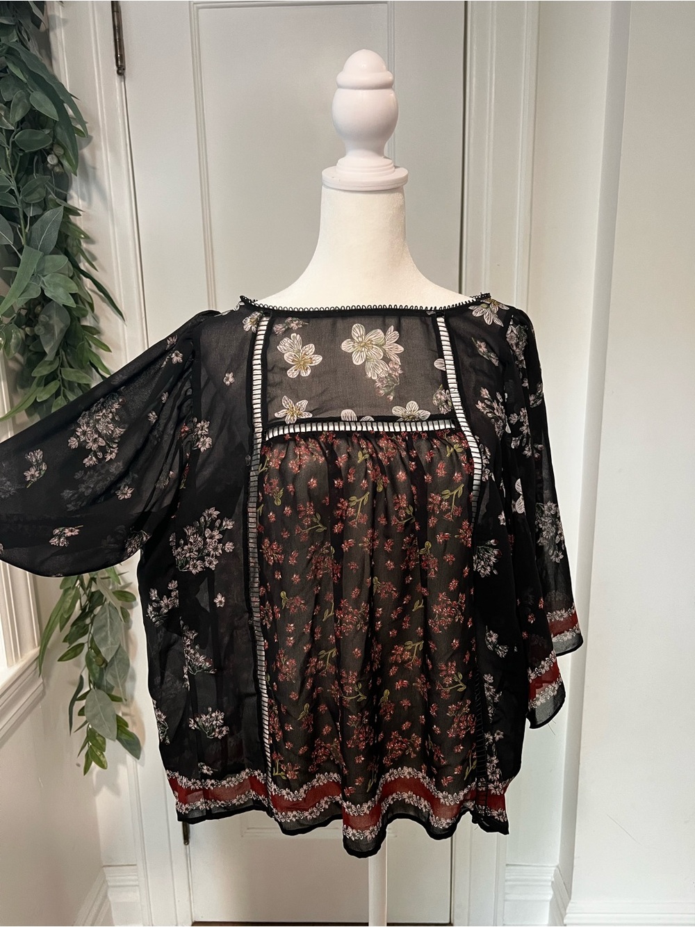 Sheer Black Floral Peasant Top
